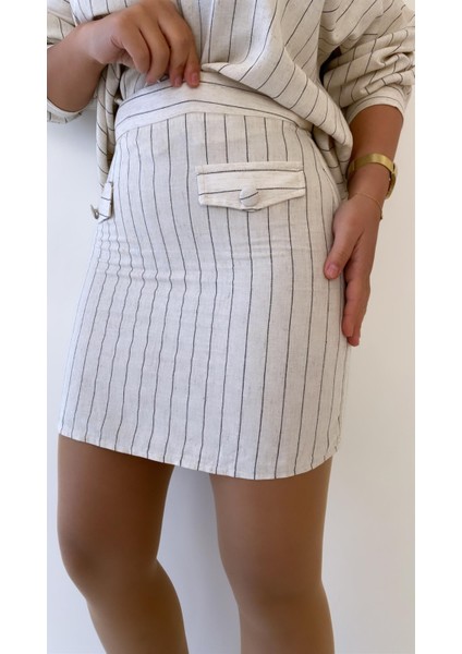 Çizgili Cep Detaylı Mini Keten Etek Taş fiyatları