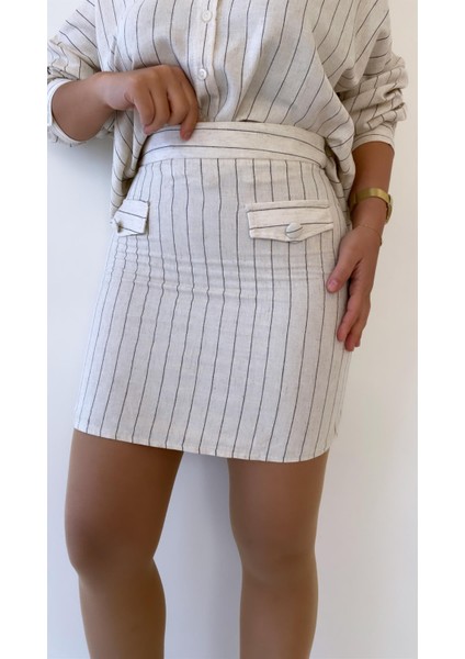 Çizgili Cep Detaylı Mini Keten Etek Taş fırsatları
