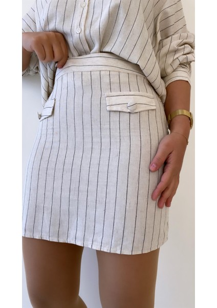 Çizgili Cep Detaylı Mini Keten Etek Taş indirimleri