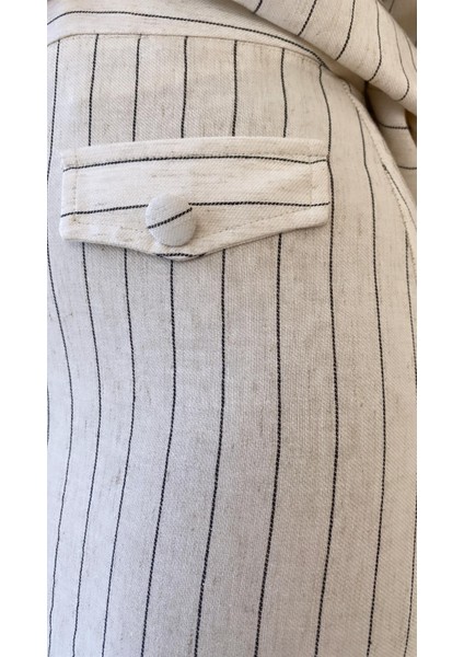 Çizgili Cep Detaylı Mini Keten Etek Taş