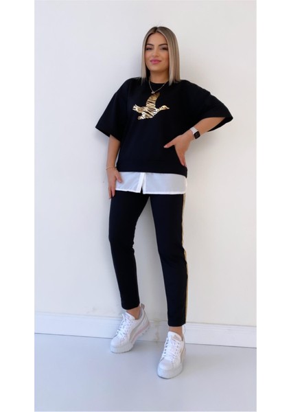 Kuş Baskılı Gold Detaylı Alt Üst Takım Siyah