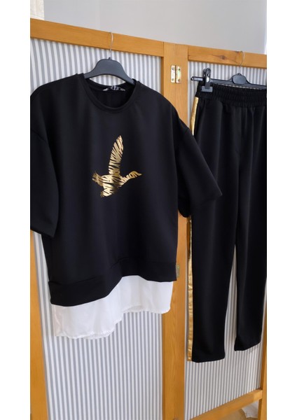 Kuş Baskılı Gold Detaylı Alt Üst Takım Siyah modelleri