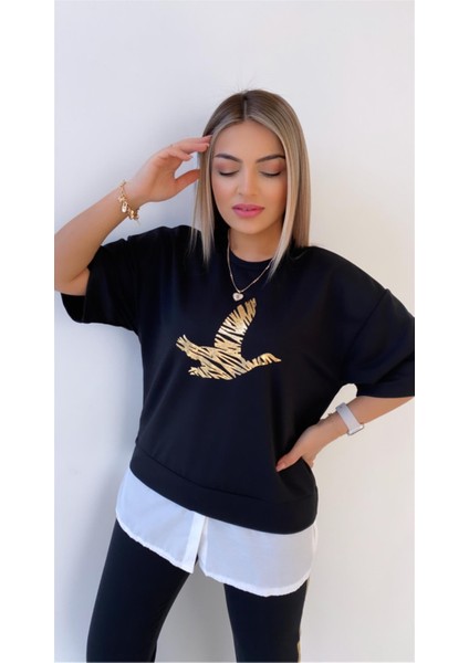 Kuş Baskılı Gold Detaylı Alt Üst Takım Siyah indirimleri