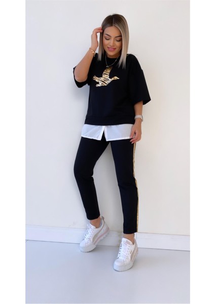 Kuş Baskılı Gold Detaylı Alt Üst Takım Siyah