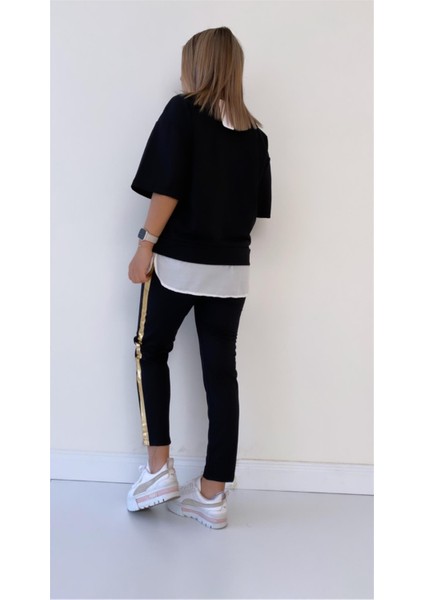 Kuş Baskılı Gold Detaylı Alt Üst Takım Siyah