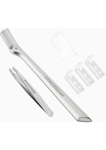 Mini Slant Tweezer-Brow Razor Set Kaş Şekillendirici Silver
