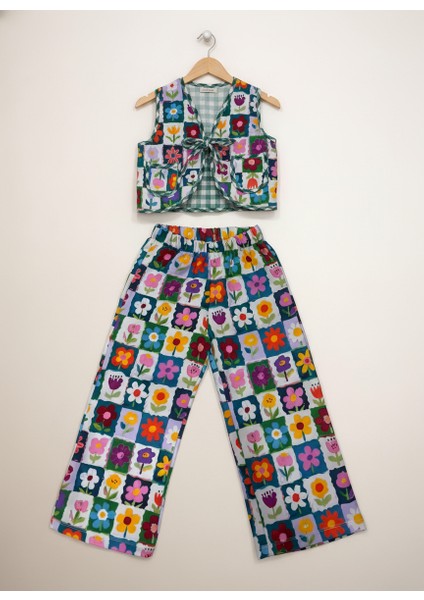 Kız Çocuk Pamuklu Renkli Çiçek Desenli Yelek & Pantolon Takımı – Modern Şık Tasarım fırsatları
