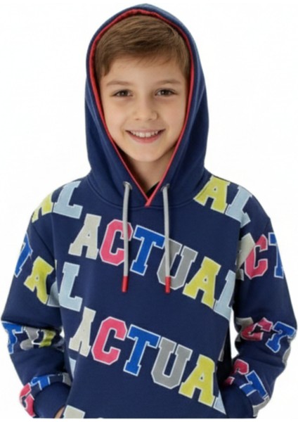 Erkek Çocuk Lacivert Baskılı Kapüşonlu Sweatshirt – Rahat Kalıp, Uzun Kollu, Dokuma Kumaş