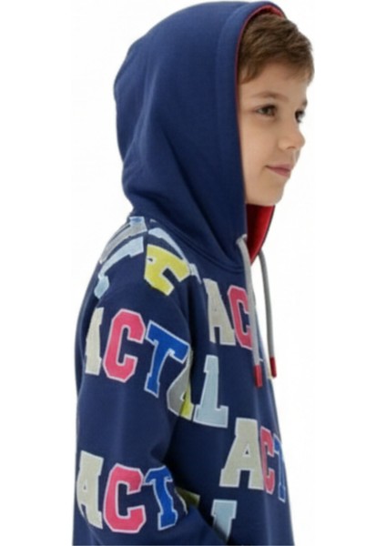 Erkek Çocuk Lacivert Baskılı Kapüşonlu Sweatshirt – Rahat Kalıp, Uzun Kollu, Dokuma Kumaş fiyatları