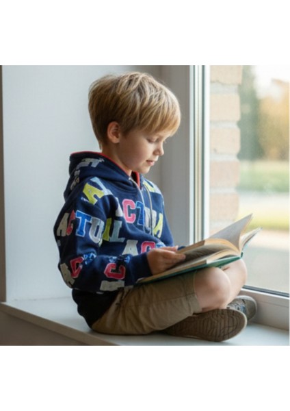 Erkek Çocuk Lacivert Baskılı Kapüşonlu Sweatshirt – Rahat Kalıp, Uzun Kollu, Dokuma Kumaş indirimleri