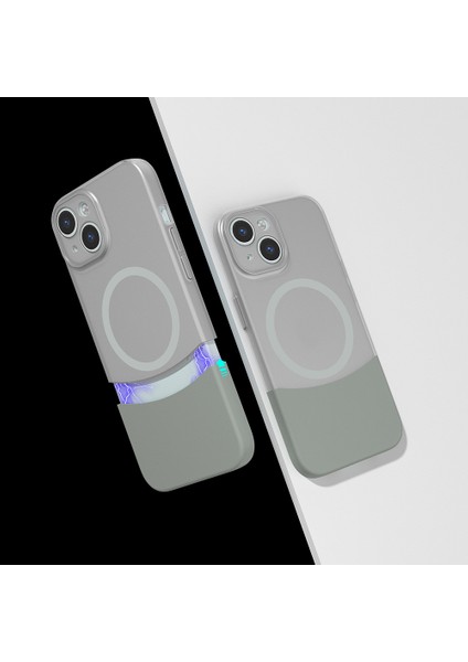 iPhone 15 Kılıf M-Safe Şarj Özellikli Mıknatıslı Vlmt Duble Kapak - Gri