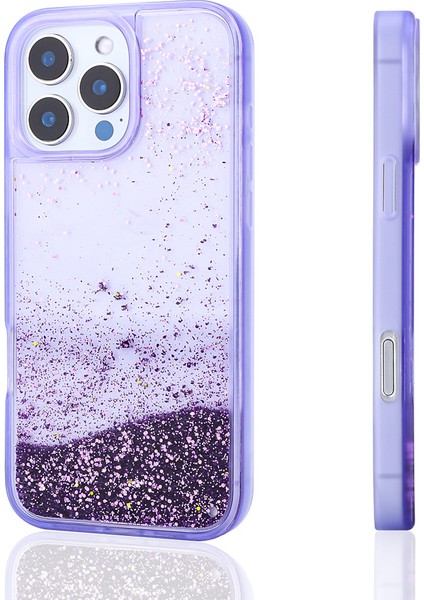 iPhone 16 Pro Max Uyumlu Kılıf Sıvılı Simli Şeffaf Arka Yüzey Vlmt Keto Silikon Kapak-Mor