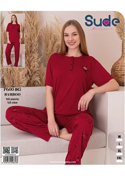 P600-183 Bamboo %65 Poyster Bayan Kısa Kol Pijama Takımı--Al Kırmızı--