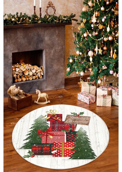Yılbaşı Hediye Temalı Dijital Baskılı Kaymaz Taban Yıkanabilir Yuvarlak Halı