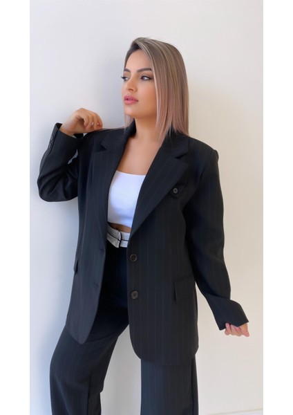 Çift Düğmeli Çizgili Atlas Ceket Siyah