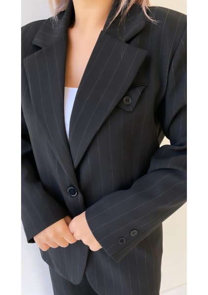 Çift Düğmeli Çizgili Atlas Ceket Siyah fiyatları