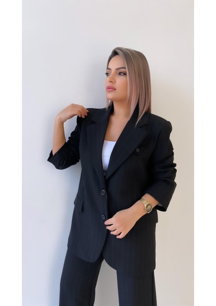 Çift Düğmeli Çizgili Atlas Ceket Siyah modelleri