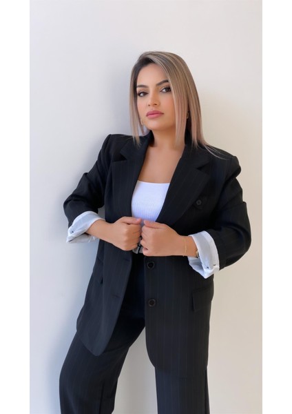 Çift Düğmeli Çizgili Atlas Ceket Siyah indirimleri