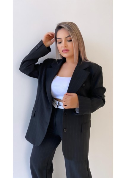 Çift Düğmeli Çizgili Atlas Ceket Siyah