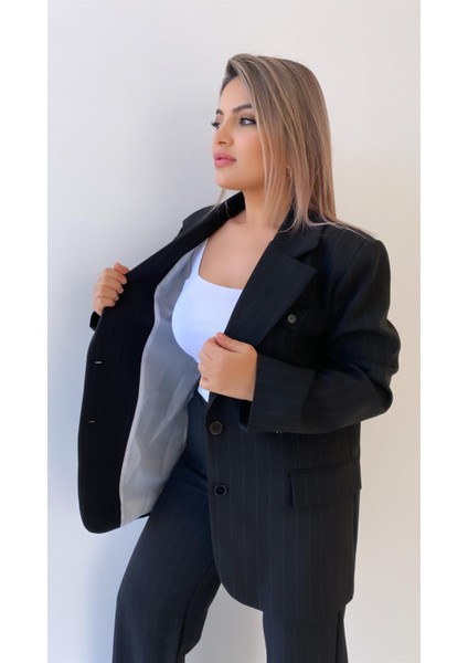 Çift Düğmeli Çizgili Atlas Ceket Siyah