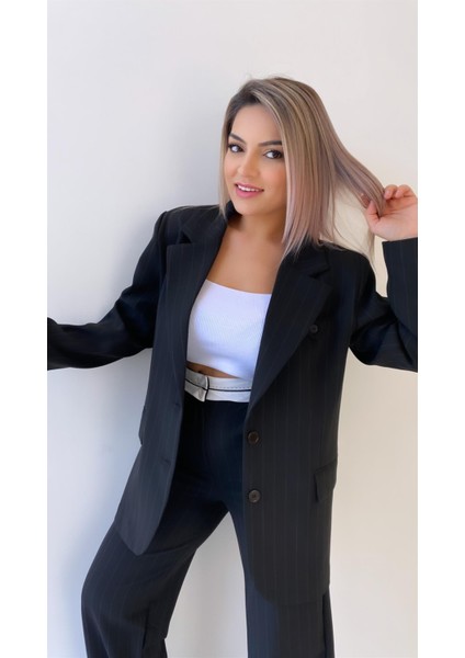 Çift Düğmeli Çizgili Atlas Ceket Siyah