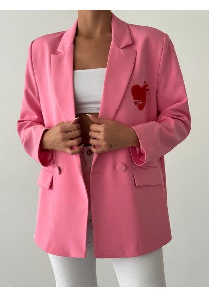 Kalp Nakışlı Ceket Pembe