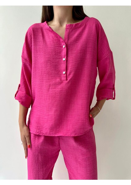 Belis Önü Düğmeli Keten Ikili Takım Pembe fırsatları