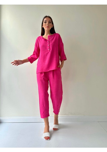 Belis Önü Düğmeli Keten Ikili Takım Pembe indirimleri