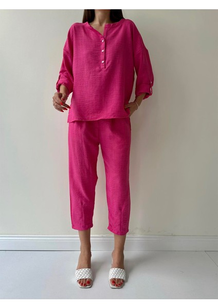 Belis Önü Düğmeli Keten Ikili Takım Pembe