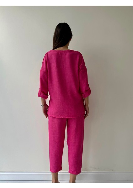 Belis Önü Düğmeli Keten Ikili Takım Pembe