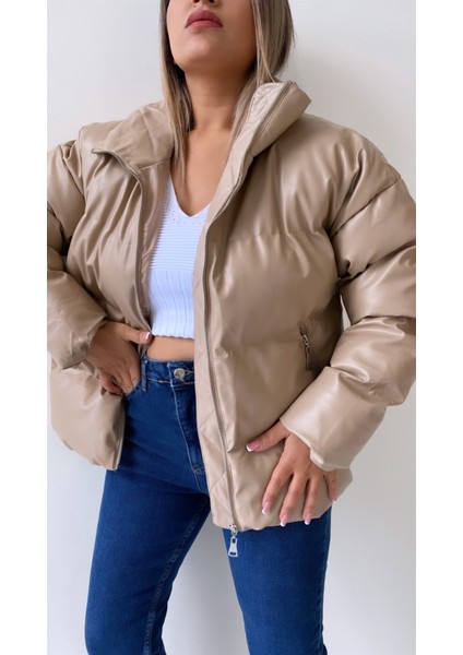 Şişme Geniş Yaka Deri Mont Vizon