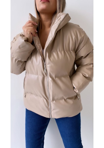 Şişme Geniş Yaka Deri Mont Vizon