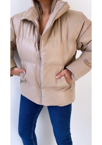 Şişme Geniş Yaka Deri Mont Vizon