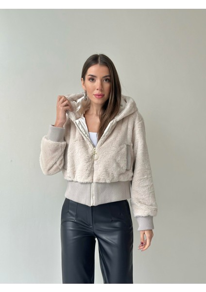 Ribanalı Kapüşonlu Peluş Mont Taş