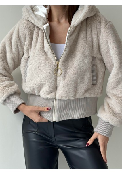 Ribanalı Kapüşonlu Peluş Mont Taş fiyatları