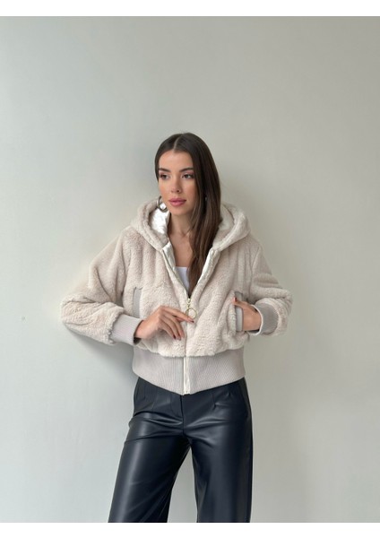 Ribanalı Kapüşonlu Peluş Mont Taş modelleri