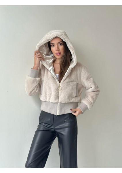 Ribanalı Kapüşonlu Peluş Mont Taş