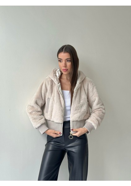 Ribanalı Kapüşonlu Peluş Mont Taş