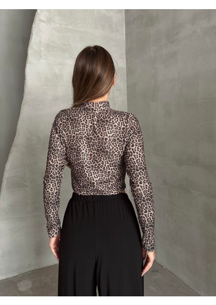 Fermuarlı Balıkçı Leopar Bluz Kahverengi