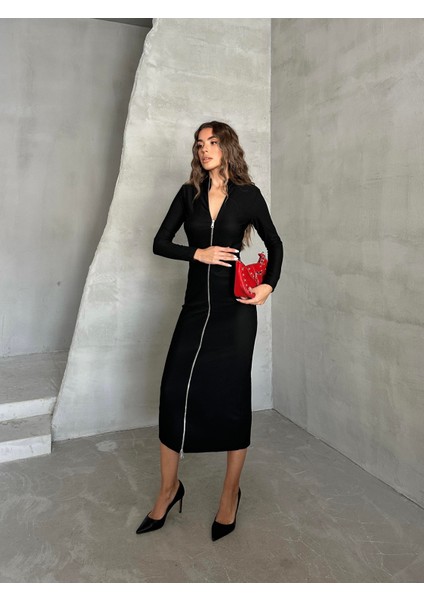 Fermuar Detaylı Çelik Triko Elbise Siyah fırsatları