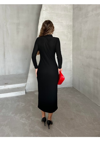Fermuar Detaylı Çelik Triko Elbise Siyah indirimleri