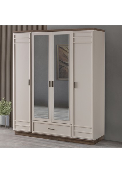 Dolap, Elora 4 Kapaklı Dolap, Çekmeceli - Aynalı Gardırop