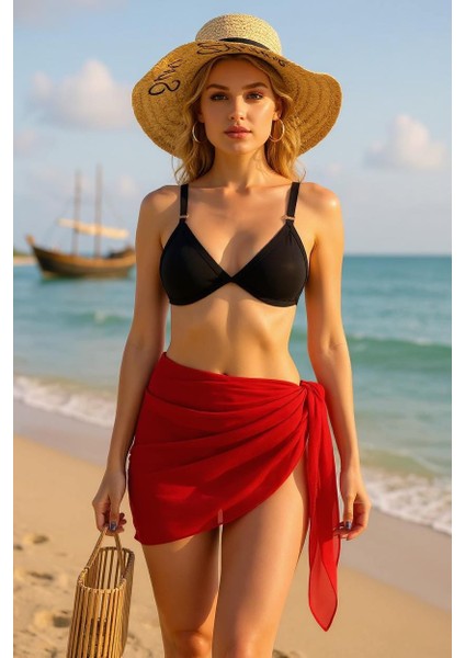 Kadın Kırmızı Transparan Belden Bağlamalı Pareo – Modern ve Şık Tasarım