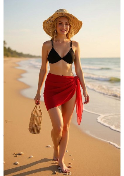 Kadın Kırmızı Transparan Belden Bağlamalı Pareo – Modern ve Şık Tasarım modelleri