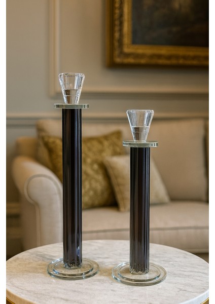 Dekoratif 2'li Kristal Papatya Cam Şamdan - Füme