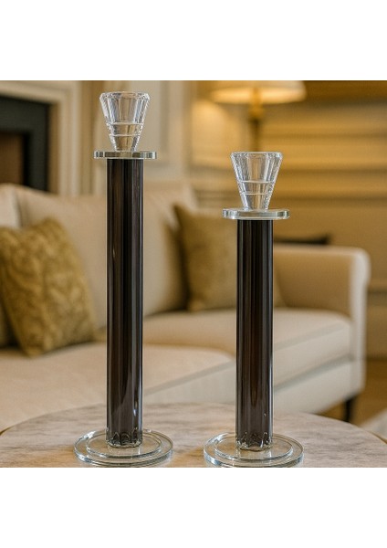 Dekoratif 2'li Kristal Papatya Cam Şamdan - Füme modelleri