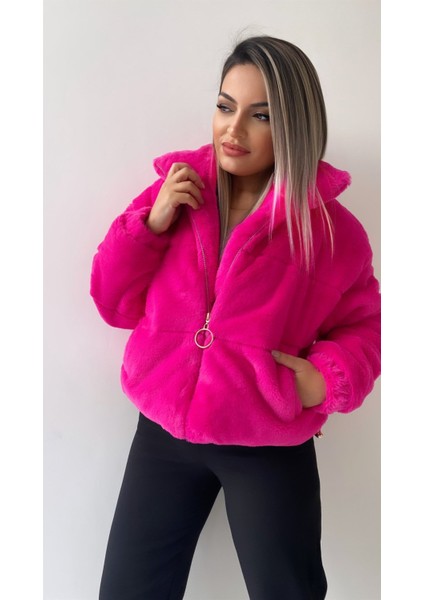 Gold Fermuarlı Kısa Peluş Mont Fuşya