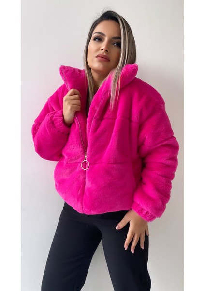 Gold Fermuarlı Kısa Peluş Mont Fuşya fiyatları