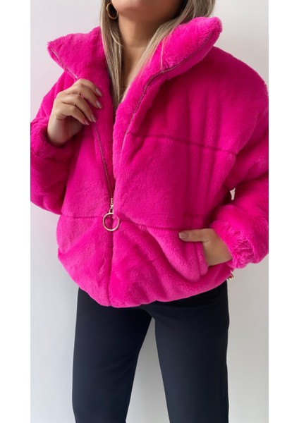 Gold Fermuarlı Kısa Peluş Mont Fuşya modelleri