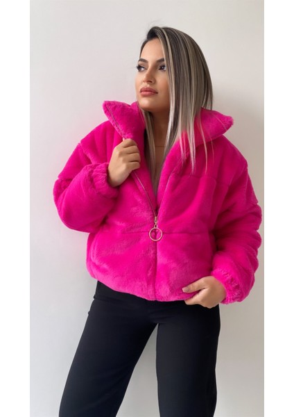 Gold Fermuarlı Kısa Peluş Mont Fuşya indirimleri
